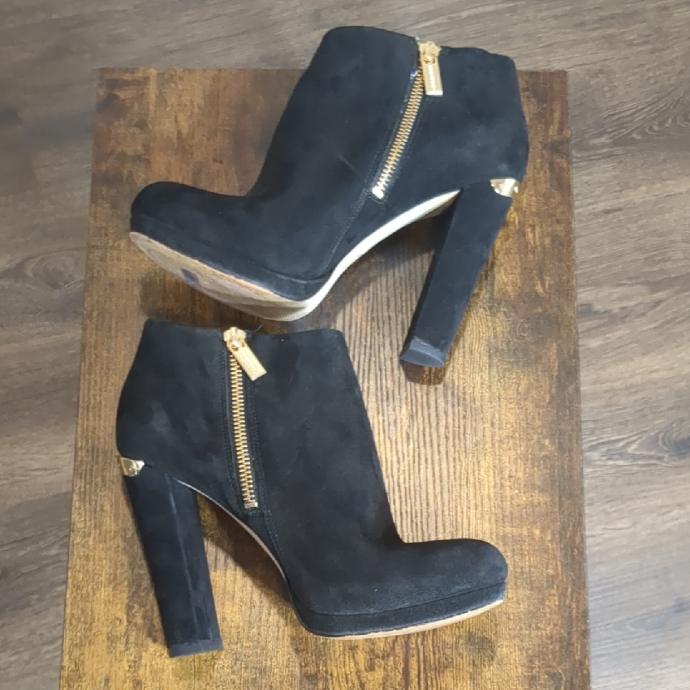 Michael Kors Black Suede Haven Platform Ankle Booties with Gold Accents - Picture 3 of 17